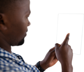 Close up of businessman using glass transparent interface