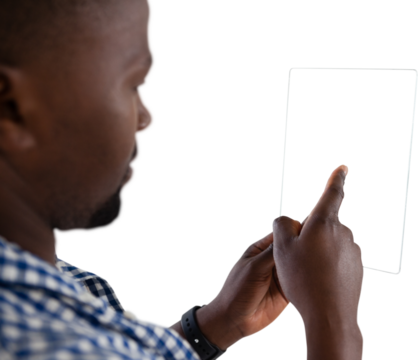 Close up of businessman using glass transparent interface - Powered by Adobe