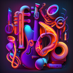 Musical instruments in a neon tones