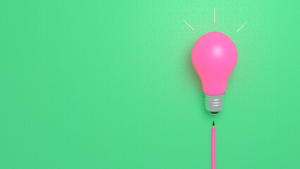 Incandescent light bulb with pink bulb and pencil-shaped switch string on a background of green paper. Rays of light in the form of white stripes. Flat lay. 3D render.