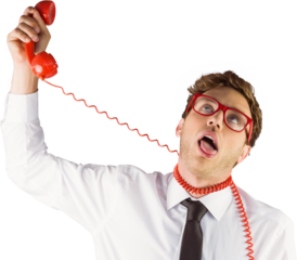 Geeky businessman strangling himself with telephone
