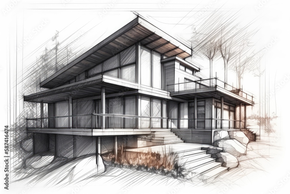 Poster modern house with large windows allowing for ample natural light. generative ai