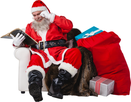 Santa reading bible with sack of christmas present beside him - Powered by Adobe