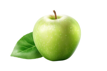 Isolated apple. Whole green, apple fruit with leaf isolated on white, with clipping path. Generative AI