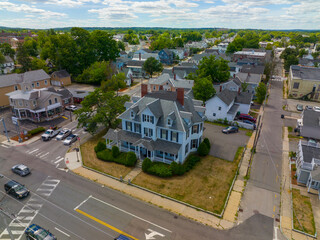 Historic colonial style building aerial view on Main Street in historic downtown Nashua, New Hampshire NH, USA.