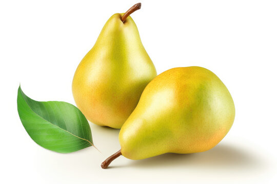 pear fruit with pear half and green leaves isolated on white background. generative ai