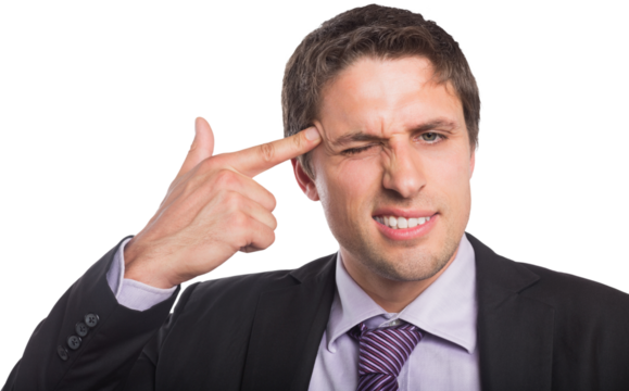 Businessman holding finger against temple in gun gesture