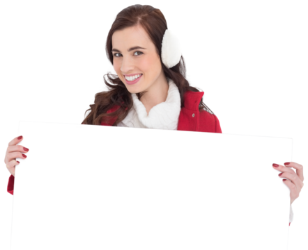 Beautiful brunette showing white poster - Powered by Adobe