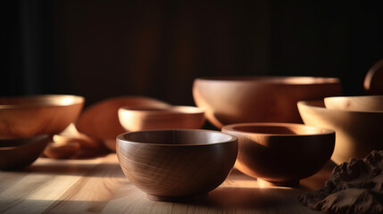 Wooden maple bowls on the wooden table, rustic background with copy space, generative AI