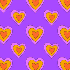 1970 psychedelic seamless pattern. 1970s good vibes hearts ornament. 1960 retro Valentine. Hippie peace and love. Funky and groove card. Trippy art.Hippie wallpaper background poster	