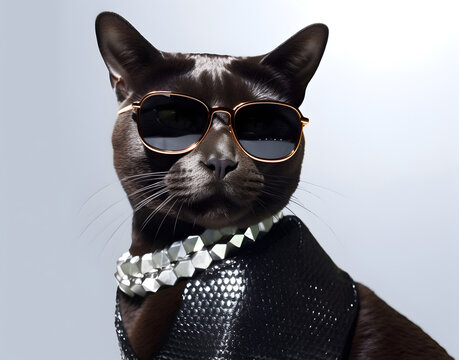 Black cat with fashionable dressing, wearing sunglasses