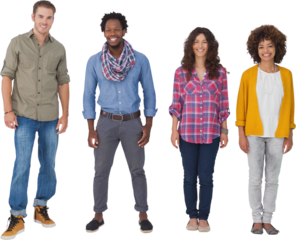 Four stylish friends smiling at the camera