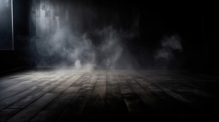 Dark room with parquet floor, black walls and smoke Generative AI