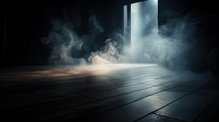 Dark room with parquet floor, black walls and smoke Generative AI