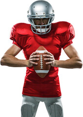 Furious American football player in red jersey and helmet holding ball © vectorfusionart