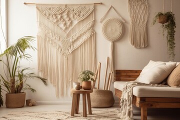 A white wall with a macrame wall panel and beige reed. A minimalist, sleek, trendy idea with a gorgeous neutral backdrop. Generative AI