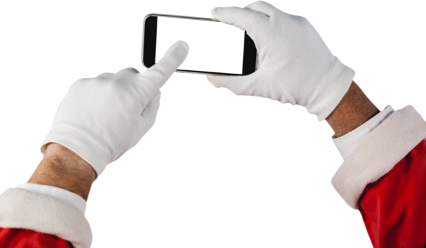 Santa Claus using mobile phone against white background