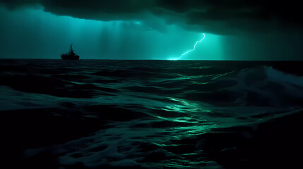 Ship in the distance on a stormy ocean by night. Generative AI.