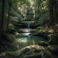 Serene Forest Waterfall with a Shallow Pool