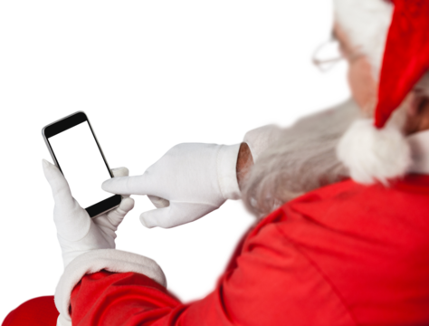 Santa Claus touching mobile phone against white background