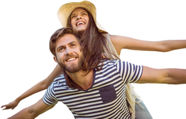 Man piggybacking woman with pose