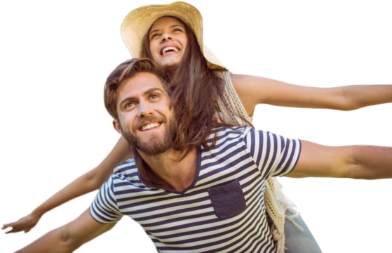 Man piggybacking woman with pose - Powered by Adobe