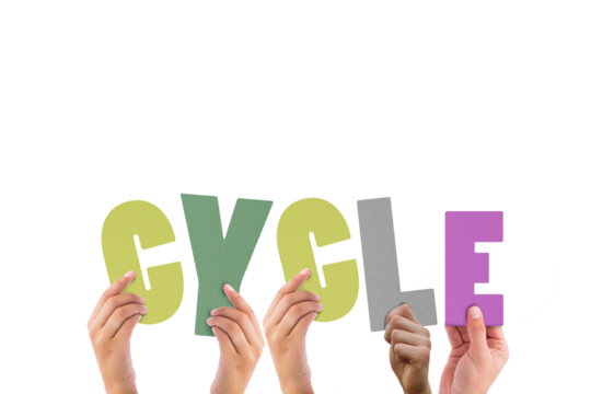 Colorful alphabet spelling cycle held up by people 