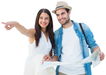 Happy hipster couple looking at map