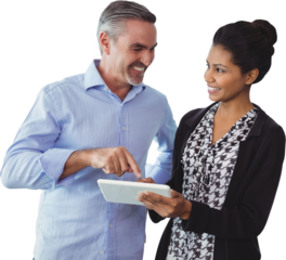 Smiling business people using a digital tablet  