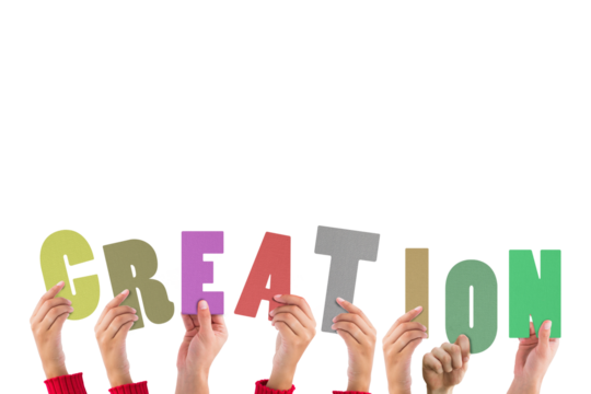 Colorful alphabet spelling creation held up by people - Powered by Adobe