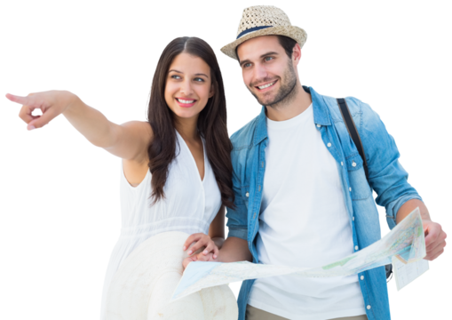 Happy hipster couple looking at map