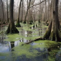 Serene swamp with moss-covered trees