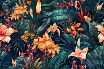 colorful flowers and leaves on a vibrant blue background. Generative AI