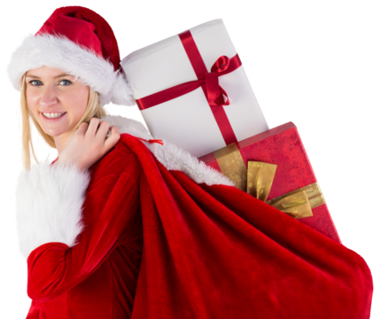 Festive blonde carrying sack of presents