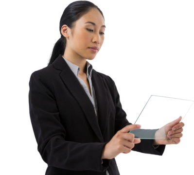 Young business executive using glass digital tablet