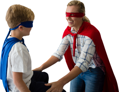 Mother and son pretending to be superhero