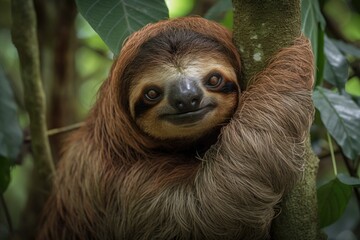 Fototapeta premium A wonderful depiction of a chilled animal in the Costa Rican Rainforest rubbing its belly is a wild sloth hanging from a tree with a comical face. Brown throated sloth Bradypus variegatus. Generative