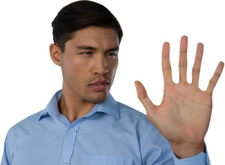 Close up of young businessman touching invisible screen