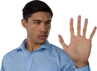 Close up of young businessman touching invisible screen