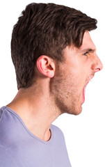 Angry young man with stubble shouting 