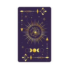 Tarot card gold with mystic eye pyramid isolated. Boho esoteric tarot card with eye and star. Vector illustration. Sacred geometry celestial triangle