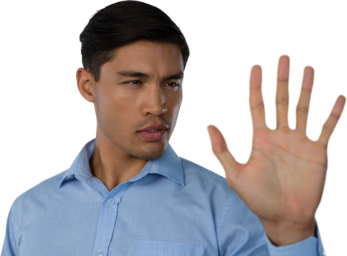 Close up of young businessman touching invisible screen