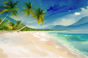 Obraz na płótnie Canvas Coconut palm on the shore of a tropical island, ocean, sand, Generative AI.
