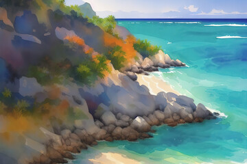 Tropical beach panorama with palms and rocks, Seychelles, Generative AI