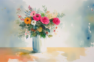 Classic bouquet of flowers in a glass vase, still life, imitation watercolor painting, Generative AI.