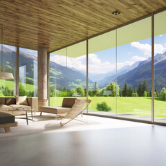 Minimal modern interior living room, with view on beautiful mountains. Generative AI