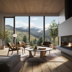 Minimal modern interior living room, with view on beautiful mountains. Generative AI