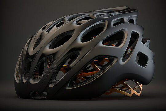 Simple bicycle helmet black vintage for retro style. Stylish black bicycle helmet. Close up on bicycle helmet. 3D realistic illustration. Creative AI