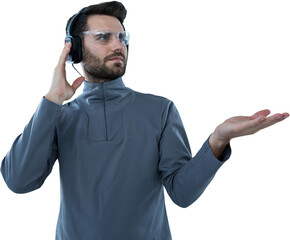 Male gesturing while listening to headphones