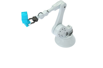 High angle view of robotic arm holding stack of blue boxes